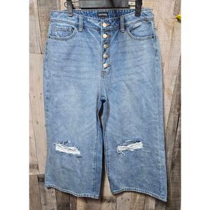 Poison Mushroom Distressed Ultra Wide Leg Crop Button Fly Gaucho Jeans 30